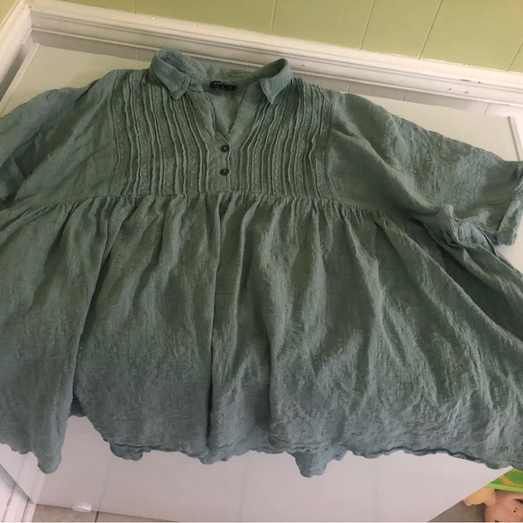 Gigio Tops - Gigio Sage Green Babydoll Tunic Blouse with Pintuck Details